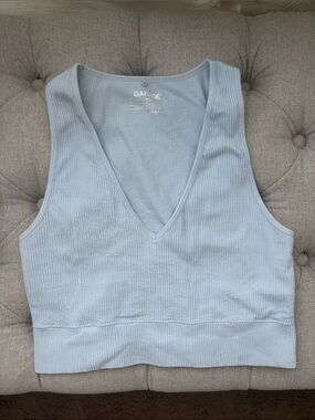 Garage Pale Blue Ribbed V-Neck Crop Tank